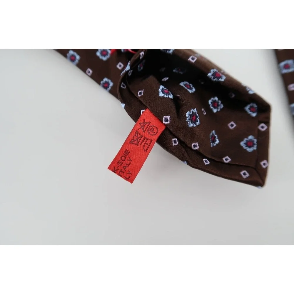 Isaia Napoli Silk Tie Mens OS Brown Blue Floral Geometric 7-Fold Handmade Italy - Picture 9 of 10
